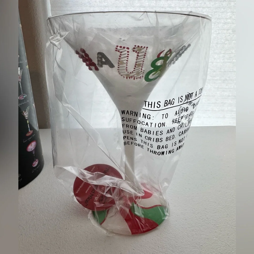 Lolita Naughty and Nice Christmas Martini Glass NIB Hand Painted Collectible 7oz